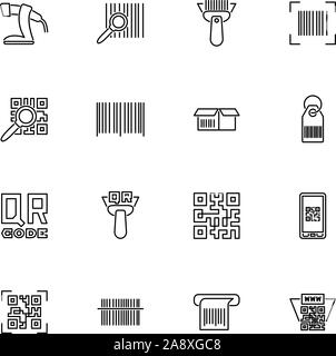 Check, Bar, Qr Code Scan outline icons set - Black symbol on white background. Check, Bar, Qr Code Scan Simple Illustration Symbol - lined simplicity Stock Vector