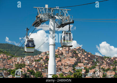 The San Javier metrocable leading to comuna 7 in Medellin, Colombia. Stock Photo