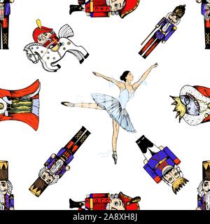 Seamless pattern of hand drawn sketch style characters and different objects related to The Nutcracker fairy tale isolated on white background. Vector Stock Vector