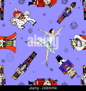 Seamless pattern of hand drawn sketch style characters and different objects related to The Nutcracker fairy tale. Isolated vector illustration. Stock Vector