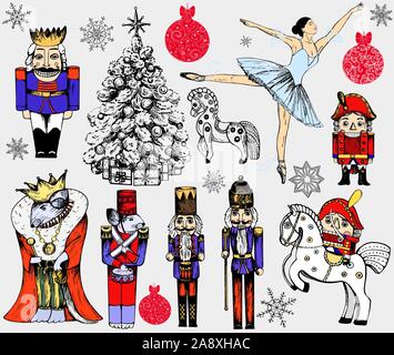 Big set of hand drawn sketch style colored characters and different objects related to The Nutcracker fairy tale isolated on white background. Vector Stock Vector