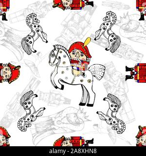 Seamless pattern of hand drawn sketch style characters and different objects related to The Nutcracker fairy tale isolated on white background. Vector Stock Vector