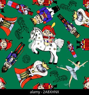 Seamless pattern of hand drawn sketch style characters and different objects related to The Nutcracker fairy tale isolated on green background. Vector Stock Vector