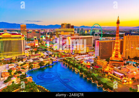 View of the Las Vegas Boulevard at dawn with lots of hotels and casinos in Las Vegas. Stock Photo