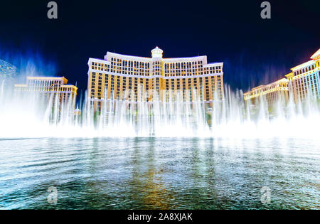 View of the beautiful fountain show at night in Las Vegas. Stock Photo