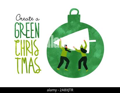 Green Christmas greeting card of people with pine tree and watercolor ornament for environmentally conscious holiday, nature care concept.