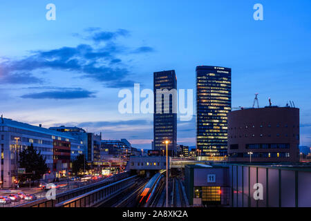 Wien, Vienna: headquarters of Wien Energie, Wiener Stadtwerke in Orbi Tower, and Wiener Linien (from left to right), district Erdberg in Austria, Wien Stock Photo