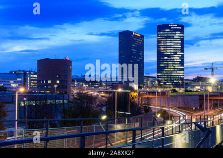 Wien, Vienna: headquarters of Wiener Linien, Wien Energie, and Wiener Stadtwerke in Orbi Tower (from left to right), district Erdberg in Austria, Wien Stock Photo