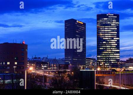 Wien, Vienna: headquarters of Wiener Linien, Wien Energie, and Wiener Stadtwerke in Orbi Tower (from left to right), district Erdberg in Austria, Wien Stock Photo