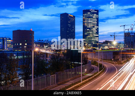 Wien, Vienna: headquarters of Wiener Linien, Wien Energie, and Wiener Stadtwerke in Orbi Tower (from left to right), district Erdberg in Austria, Wien Stock Photo