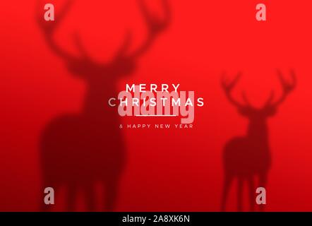Merry Christmas Happy New Year red greeting card of reindeer family blurred silhouette. Modern holiday concept for special xmas celebration event. Stock Vector