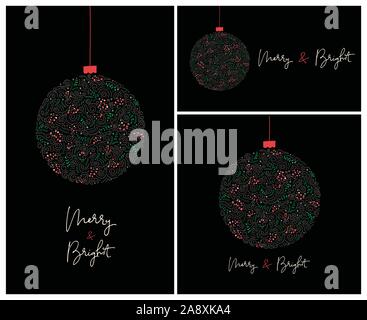 Set of 3 Banners with Merry and Bright Calligraphy Script Words, Bauble of Hand-Drawn Doodle Swirls, Winter Holiday Foliage on Black Background. Chris Stock Vector