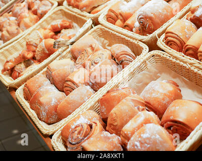 Bun in shopping baskets. shop baking. Prescription. Stock Photo