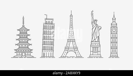 World architectural attractions. Travel icon set. Vector illustration Stock Vector