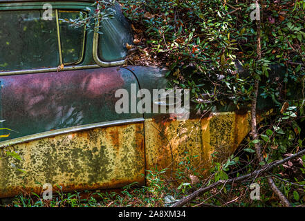 Old rusted abandoned vehicles in Old Car City junkyard in White Georgia in the United States Stock Photo