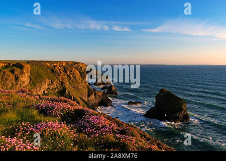 sunset at bedruthan steps in cornwall, england, britain, uk. Stock Photo