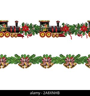 Little Christmas train seamless pattern decorated red ribbon Vector Stock Vector