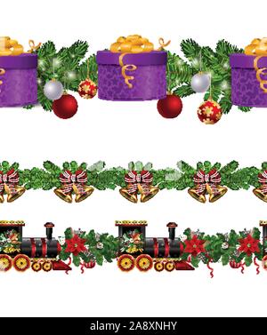 Little Christmas train seamless pattern decorated red ribbon Vector Stock Vector