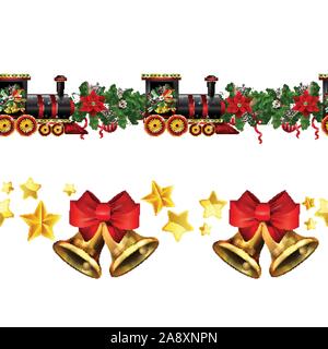 Little Christmas train seamless pattern decorated red ribbon Vector Stock Vector