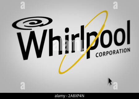 Logo of the public company Whirlpool Corp. displayed on a computer screen in close-up. Credit: PIXDUCE Stock Photo