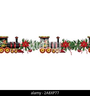Little Christmas train seamless pattern decorated red ribbon Vector Stock Vector