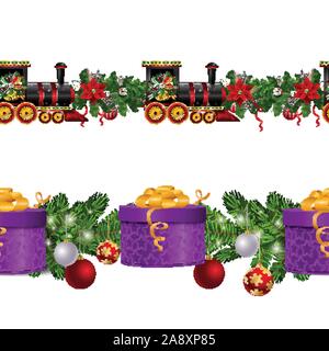 Little Christmas train seamless pattern decorated red ribbon Vector Stock Vector
