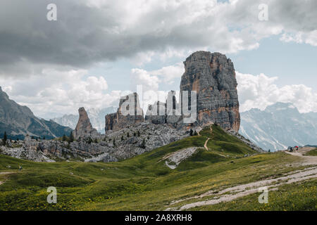 Summer vacation in Dolomites, Italy. Hiking in the mountains. Via ferrata. Sunrise in Alpe di Siusi/Seiser alm. Snow. Stock Photo