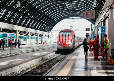 Italy, Milan, July 12, 2019: High-speed modern commuter train at the railway station in Milan. Stock Photo