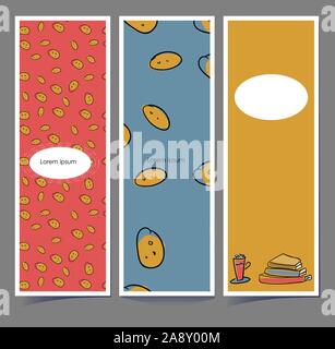 Bookmarks in sketch style. Hugge cards. Pattern of cookies on a red or blue background. Books and a cup of tea on mustard color. Contour of careless h Stock Vector