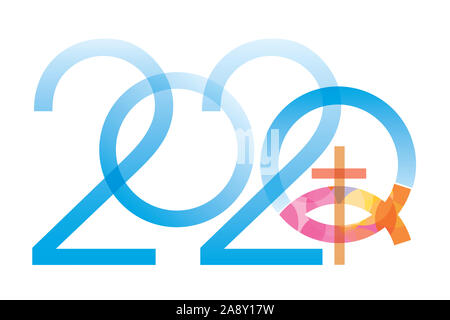 Jesus fish symbol new year. 2020 new year with Jesus fish symbol with cross. Isolated on white background. Stock Photo