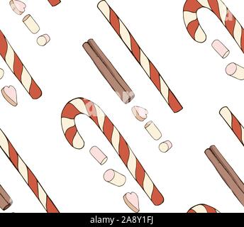 Colorful vector illustration. Hand drawn seamless pattern with Christmas candy cane marshmallow and cinnamon isolated on white. Positive print for New Stock Vector