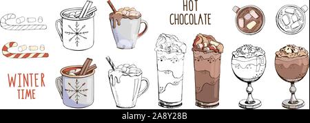 Set of hand drawn vector illustrations isolated on white. Hot chocolate with Christmas candy cane and marshmallow. Design of cocktails for menu decora Stock Vector