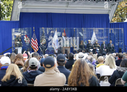 New York, USA. 11th Nov 2019. President Donald Trump delivers remarks before a wreath laying during the Opening Ceremony of the 100th annual New York City Veterans Day Parade on Monday, November 11, 2019 in New York City. The New York City Veterans Day Parade is a non-partisan, non-political event to honor the service of vets and salute currently-serving military, dubbed 'the largest commemoration of service in the nation'. Credit: UPI/Alamy Live News Stock Photo