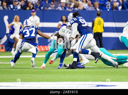 Indianapolis, Indiana, USA. 10th Nov, 2019. Miami Dolphins running back Kalen Ballage (27) runs with the ball during NFL football game action between the Miami Dolphins and the Indianapolis Colts at Lucas Oil Stadium in Indianapolis, Indiana. Miami defeated Indianapolis 16-12. John Mersits/CSM/Alamy Live News Stock Photo