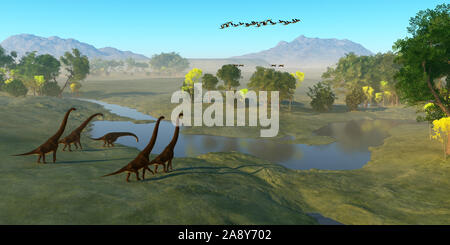 A flock of Archaeopteryx birds fly over a herd of Giraffatitan dinosaurs as they reach a river to drink. Stock Photo