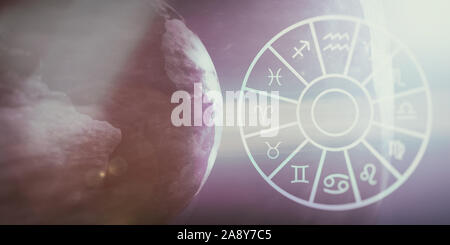 Astrology and horoscopes concept. Astrological zodiac signs wheel on earth and space background Stock Photo