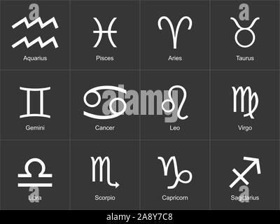 Astrology and horoscopes concept. Astrological zodiac signs 12 set on black background. Stock Photo
