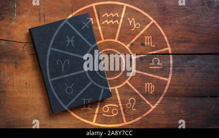 Astrology and horoscopes concept. Black book and astrological zodiac signs wheel on wood background. Stock Photo