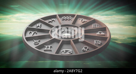 Astrology and horoscopes concept. Astrological zodiac signs wheel on dark sky background. 3d illustration Stock Photo