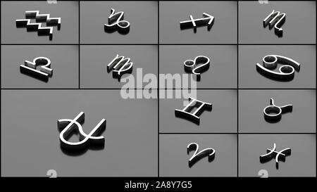 Astrology and horoscopes concept. Astrological zodiac signs 13 set including ophiuchus on black background. 3d illustration Stock Photo