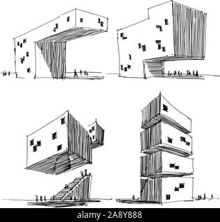 four hand drawn architectectural sketches of a modern abstract architecture Stock Vector