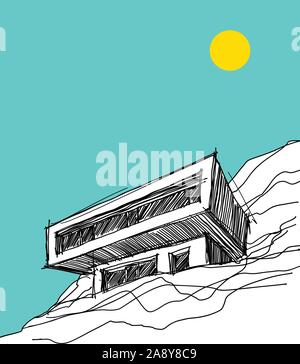 ,hand drawn illustration of modern detached house on the steep slope under the hill with blue sky and yellow sun Stock Vector