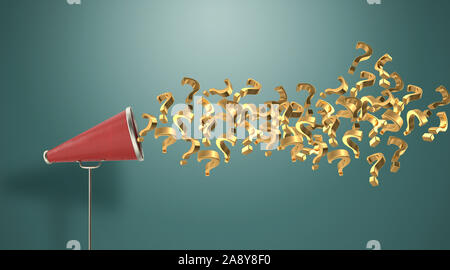 Question Mark Symbols are coming out from a vintage red megaphone. 3D rendering. Stock Photo
