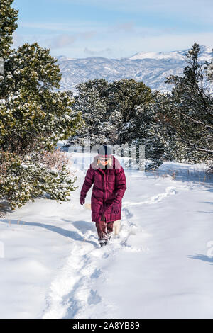 Woman hiking in fresh snow near Salida; Colorado; USA Stock Photo