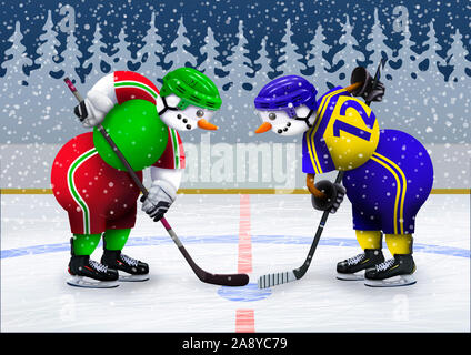 Snowmen on a skating rink in uniform and helmets play hockey. Winter recreation and sports activities. Merry christmas illustrations. Stock Photo