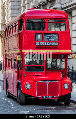 Vintage London Routemaster still used on a heritage route 8 in central London between Old Ford and Bow Church Stock Photo