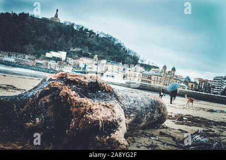 Destruction and remains of high tide in San Sebastian, Spain Stock Photo