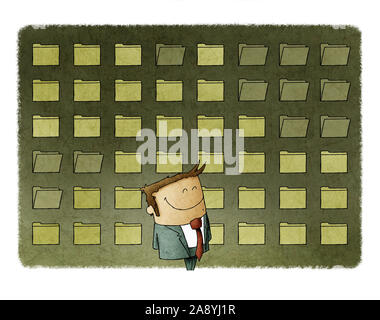 Smiling businessman is standing in front of a background full of digital files. Stock Photo
