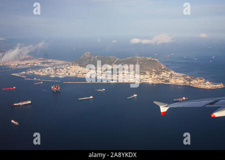 Saying goodbye to Gibraltar at the end of our holiday, from the window of an Airbus A320 Stock Photo