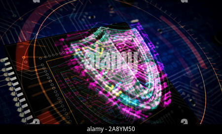 Cyber security futuristic 3D rendering illustration. Concept of computer protection and internet safety. Abstract digital sign with circuit board and Stock Photo